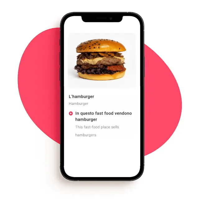 A phone with grammar explanation over a fuksia cirle