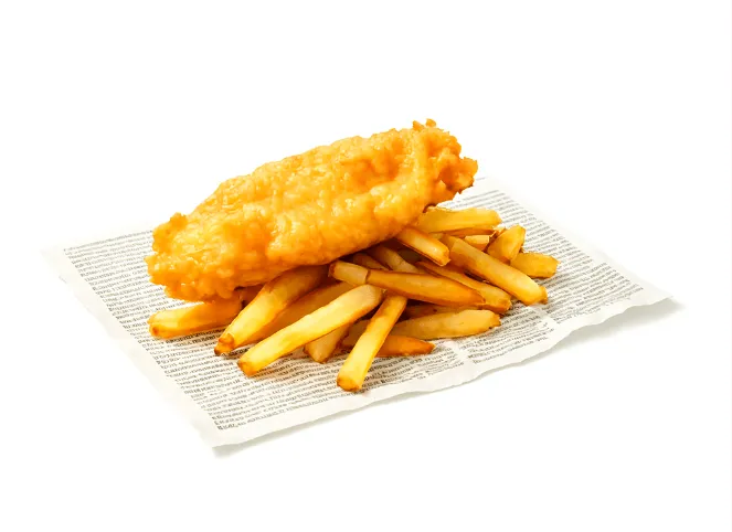 A fish and chips over a newspaper