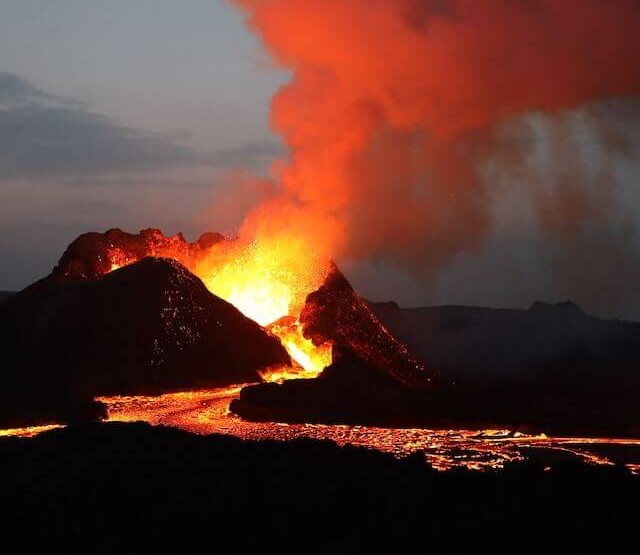 A volcano with lava